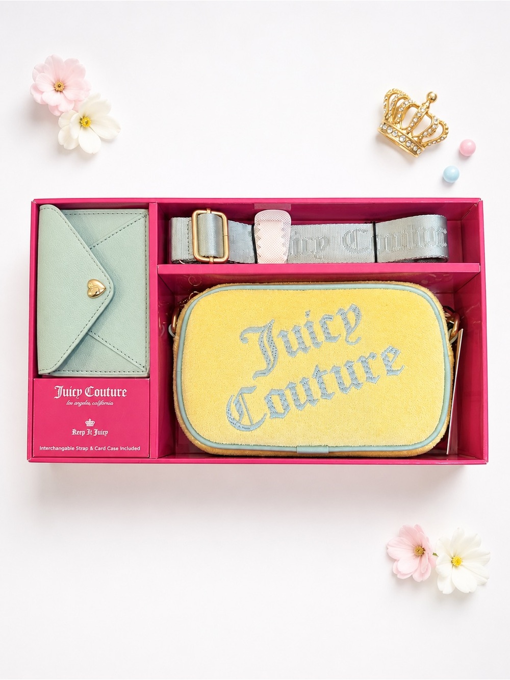 Juicy Couture Purse Yellow Velvet Crossbody Mint Card Case & Extra Strap. NIB